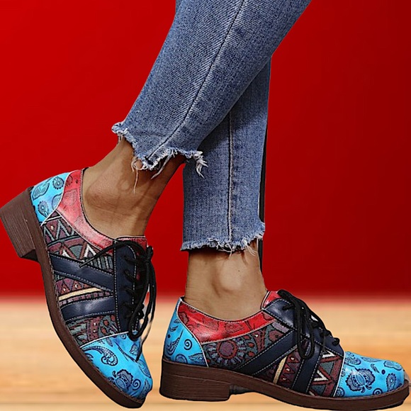 Boho Paisley, Color Block, Lace Up Oxfords Flats - Picture 2 of 11
